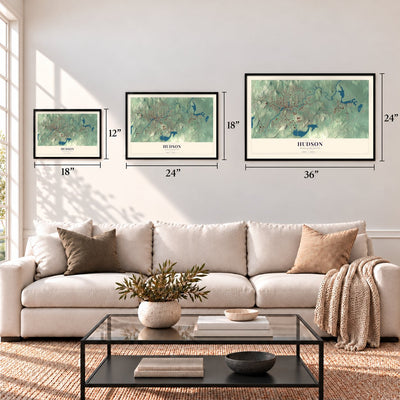 Hudson, Massachusetts map in 12 x 18, 18 x 24 and 24 x 36 inch sizes above a sofa