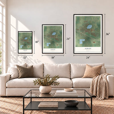 Albany, Minnesota map in 12 x 18, 18 x 24 and 24 x 36 inch sizes above a sofa