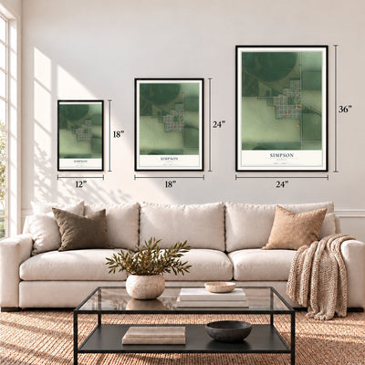 Simpson, Kansas map in 12 x 18, 18 x 24 and 24 x 36 inch sizes above a sofa