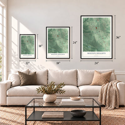 Boston Heights, Ohio map in 12 x 18, 18 x 24 and 24 x 36 inch sizes above a sofa