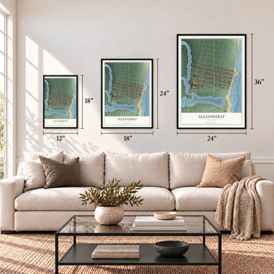 Allenhurst, New Jersey map in 12 x 18, 18 x 24 and 24 x 36 inch sizes above a sofa