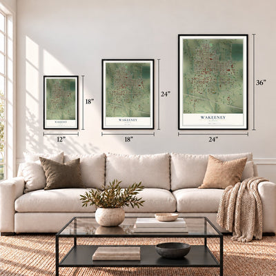WaKeeney, Kansas map in 12 x 18, 18 x 24 and 24 x 36 inch sizes above a sofa