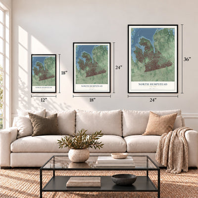 North Hempstead, New York map in 12 x 18, 18 x 24 and 24 x 36 inch sizes above a sofa