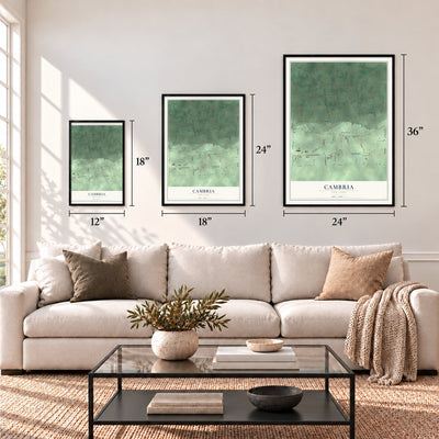 Cambria, New York map in 12 x 18, 18 x 24 and 24 x 36 inch sizes above a sofa