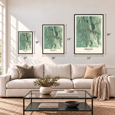 Bristol, Vermont map in 12 x 18, 18 x 24 and 24 x 36 inch sizes above a sofa