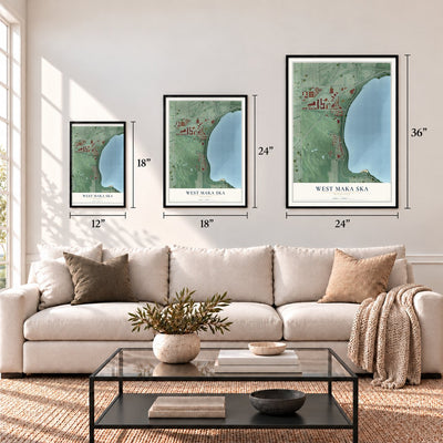 West Maka Ska, Minnesota map in 12 x 18, 18 x 24 and 24 x 36 inch sizes above a sofa