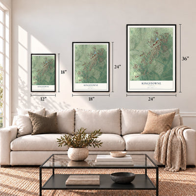Kingstowne, Virginia map in 12 x 18, 18 x 24 and 24 x 36 inch sizes above a sofa
