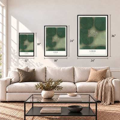 Lamar, Nebraska map in 12 x 18, 18 x 24 and 24 x 36 inch sizes above a sofa