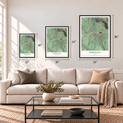 Burkeville, Virginia map in 12 x 18, 18 x 24 and 24 x 36 inch sizes above a sofa