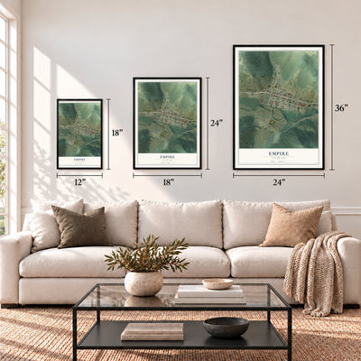 Empire, Colorado map in 12 x 18, 18 x 24 and 24 x 36 inch sizes above a sofa