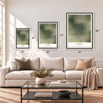 Lankin, North Dakota map in 12 x 18, 18 x 24 and 24 x 36 inch sizes above a sofa