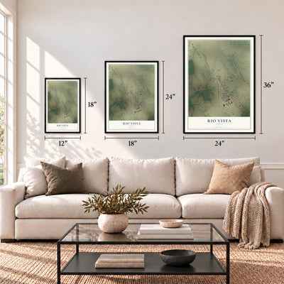 Rio Vista, Texas map in 12 x 18, 18 x 24 and 24 x 36 inch sizes above a sofa
