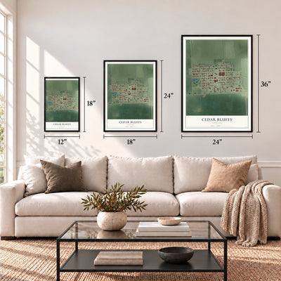 Cedar Bluffs, Nebraska map in 12 x 18, 18 x 24 and 24 x 36 inch sizes above a sofa