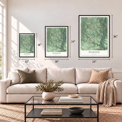 Big Beaver, Pennsylvania map in 12 x 18, 18 x 24 and 24 x 36 inch sizes above a sofa