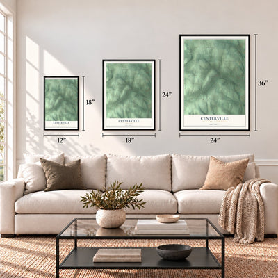 Centerville, New York map in 12 x 18, 18 x 24 and 24 x 36 inch sizes above a sofa
