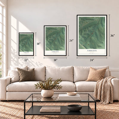 Tarrants, Missouri map in 12 x 18, 18 x 24 and 24 x 36 inch sizes above a sofa
