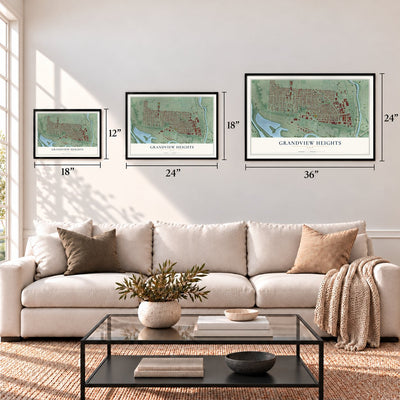Grandview Heights, Ohio map in 12 x 18, 18 x 24 and 24 x 36 inch sizes above a sofa