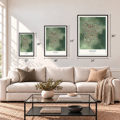 Tilden, Nebraska map in 12 x 18, 18 x 24 and 24 x 36 inch sizes above a sofa