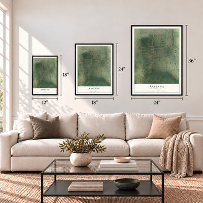 Ravenna, Texas map in 12 x 18, 18 x 24 and 24 x 36 inch sizes above a sofa