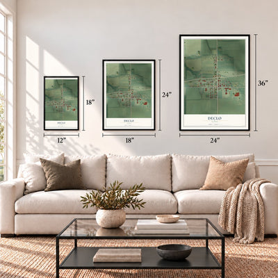 Declo, Idaho map in 12 x 18, 18 x 24 and 24 x 36 inch sizes above a sofa