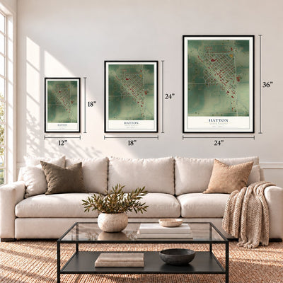 Hatton, North Dakota map in 12 x 18, 18 x 24 and 24 x 36 inch sizes above a sofa