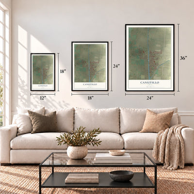 Canutillo, Texas map in 12 x 18, 18 x 24 and 24 x 36 inch sizes above a sofa