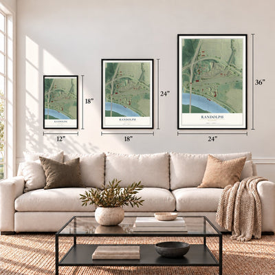 Randolph, Missouri map in 12 x 18, 18 x 24 and 24 x 36 inch sizes above a sofa