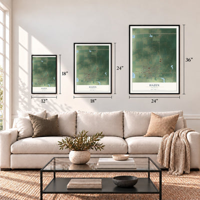 Hazen, Arkansas map in 12 x 18, 18 x 24 and 24 x 36 inch sizes above a sofa