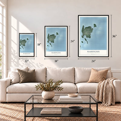 Washington, Door County, Wisconsin map in 12 x 18, 18 x 24 and 24 x 36 inch sizes above a sofa