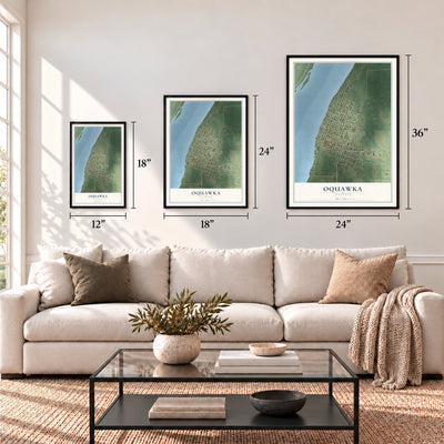 Oquawka, Illinois map in 12 x 18, 18 x 24 and 24 x 36 inch sizes above a sofa