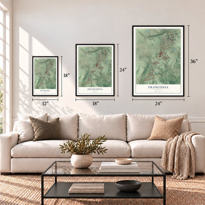 Franconia, Virginia map in 12 x 18, 18 x 24 and 24 x 36 inch sizes above a sofa