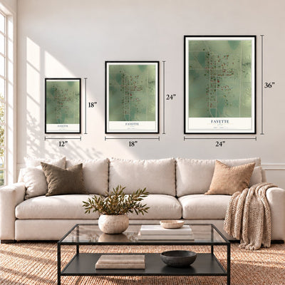 Fayette, Utah map in 12 x 18, 18 x 24 and 24 x 36 inch sizes above a sofa