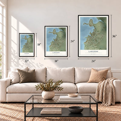Lakeside, San Patricio County, Texas map in 12 x 18, 18 x 24 and 24 x 36 inch sizes above a sofa