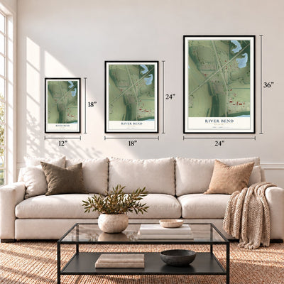 River Bend, Missouri map in 12 x 18, 18 x 24 and 24 x 36 inch sizes above a sofa