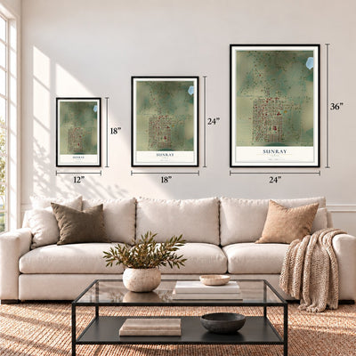 Sunray, Texas map in 12 x 18, 18 x 24 and 24 x 36 inch sizes above a sofa