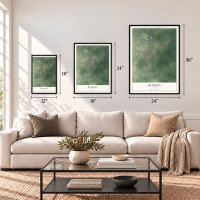 Blakely, Georgia map in 12 x 18, 18 x 24 and 24 x 36 inch sizes above a sofa