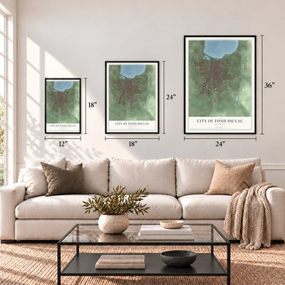 Fond du Lac, Wisconsin map in 12 x 18, 18 x 24 and 24 x 36 inch sizes above a sofa