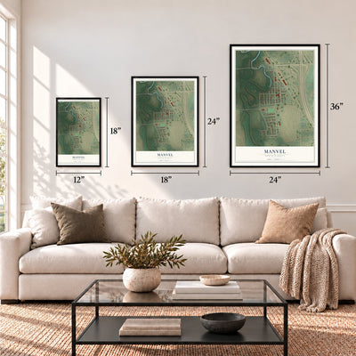 Manvel, North Dakota map in 12 x 18, 18 x 24 and 24 x 36 inch sizes above a sofa