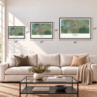 Eureka, South Dakota map in 12 x 18, 18 x 24 and 24 x 36 inch sizes above a sofa