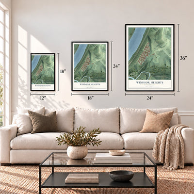Windsor Heights, West Virginia map in 12 x 18, 18 x 24 and 24 x 36 inch sizes above a sofa