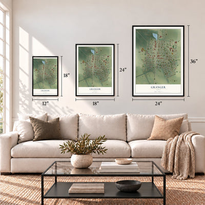 Granger, Texas map in 12 x 18, 18 x 24 and 24 x 36 inch sizes above a sofa
