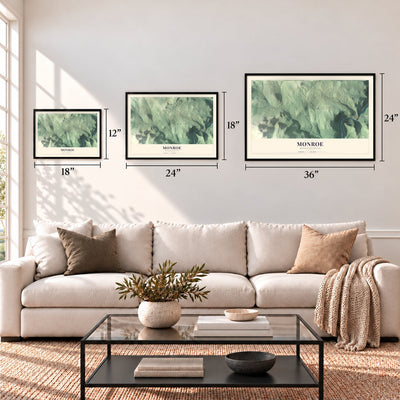 Monroe, Massachusetts map in 12 x 18, 18 x 24 and 24 x 36 inch sizes above a sofa