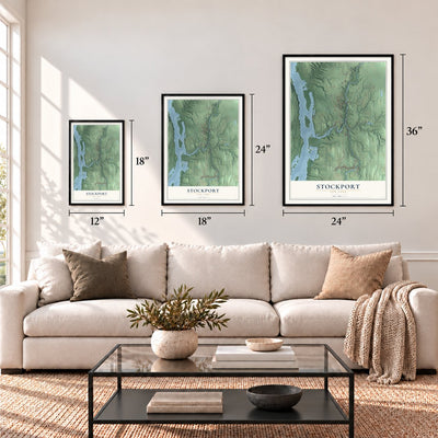 Stockport, New York map in 12 x 18, 18 x 24 and 24 x 36 inch sizes above a sofa