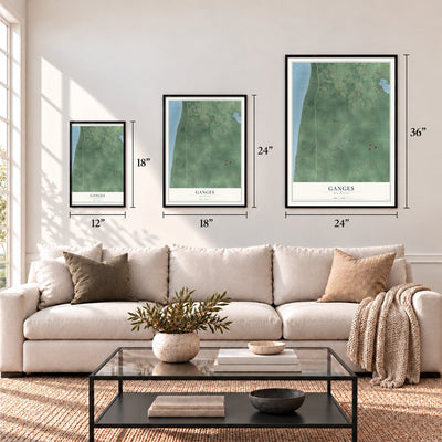 Ganges, Michigan map in 12 x 18, 18 x 24 and 24 x 36 inch sizes above a sofa