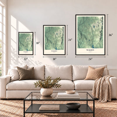 Walden, Vermont map in 12 x 18, 18 x 24 and 24 x 36 inch sizes above a sofa