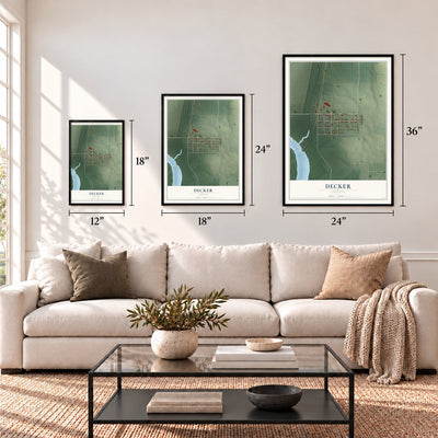 Decker, Indiana map in 12 x 18, 18 x 24 and 24 x 36 inch sizes above a sofa