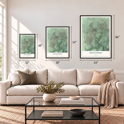 Montgomery, Ohio map in 12 x 18, 18 x 24 and 24 x 36 inch sizes above a sofa