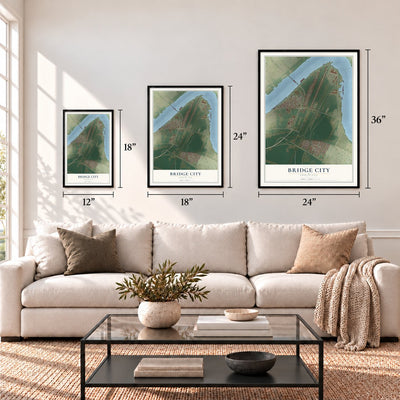 Bridge City, Louisiana map in 12 x 18, 18 x 24 and 24 x 36 inch sizes above a sofa