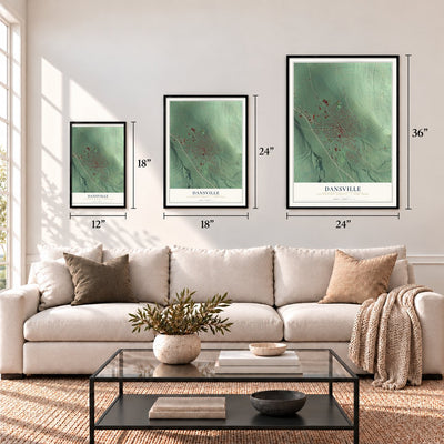 Dansville, Livingston County, New York map in 12 x 18, 18 x 24 and 24 x 36 inch sizes above a sofa