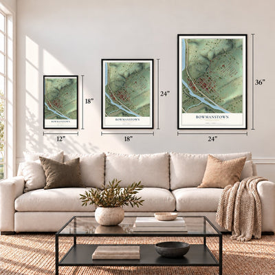 Bowmanstown, Pennsylvania map in 12 x 18, 18 x 24 and 24 x 36 inch sizes above a sofa